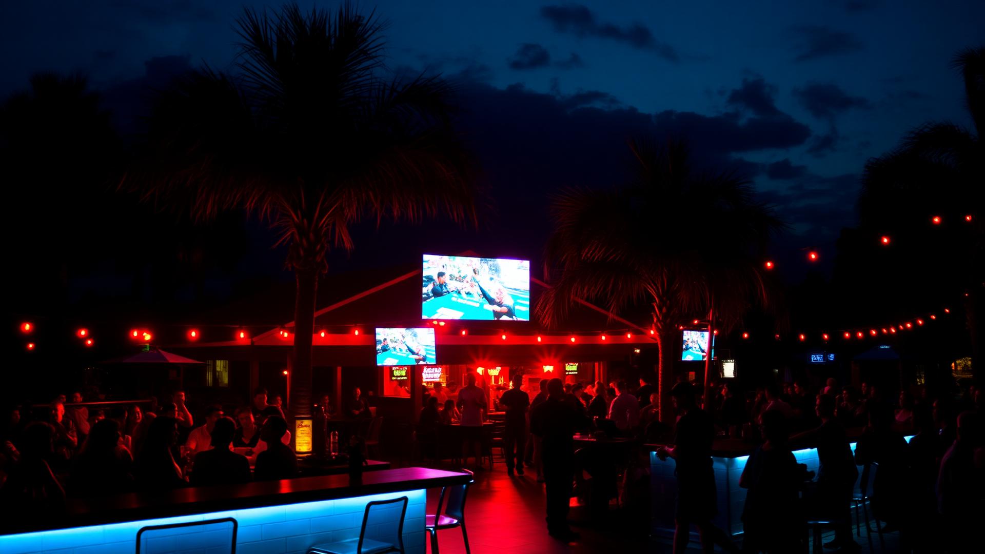 Fans watching football on outdoor screens at a Sarasota sports bar at dusk